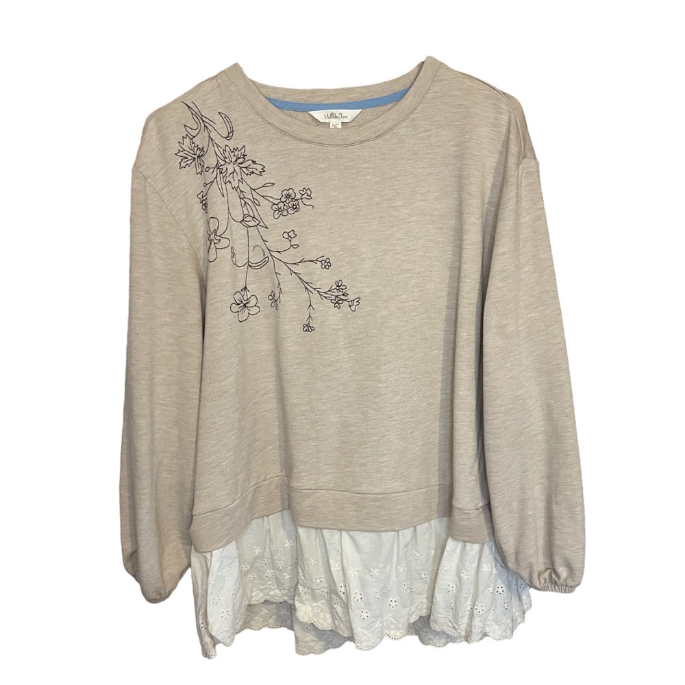 MATILDA JANE Women's Blouse With Embroidery and Ruffle Tan Size Medium